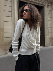 Draped Cowl Neck Crossover Fitted Sweater