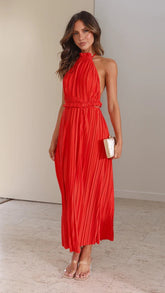 Year Halter Backless Lacing Suit Pleated Dress