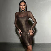 Mesh Long Sleeve Slim Bronzing Thin Glittering Dress Sheath Blouse