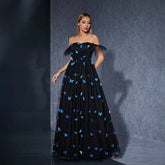 Black off Shoulder Dress Butterfly Embroidered Mesh Niche Cocktail Party Evening Dress