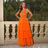 Long V neck Plush Collar Backless Hem Mesh Pleats Backless Cami Dress