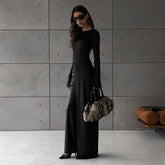 Irregular Asymmetric Slit Solid Color round Neck Long Sleeved