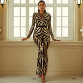 High End Long Sleeve Long Sequined Round Neck Cocktail Evening Dress Bridesmaid Dress