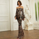 Long Sleeved Elegant Tight Long Sequined Slim Fit Off Neck Annual Party Evening