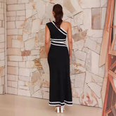 Elegant Diagonal Collar Lace Stitching Maxi Dress