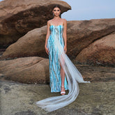 Long Sequined Cocktail Ribbon Evening Dress Bridesmaid Dress