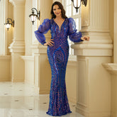 Long Sleeved Elegant Long Sequined V Neck Backless Cocktail Evening Dress Bridesmaid