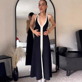 Color Matching Front Back V neck Long Spaghetti Straps Knitted Hepburn Dress Black