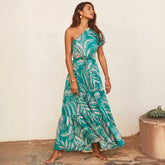 Casual Oblique Collar Floral Lace up off Shoulder Dress for