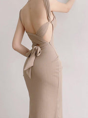 Black Tank Long Bodycon Dress With Tie Back L / Khaki Bodycon Dress