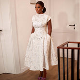 Elegant Advanced Printed Waist Controlled Short Sleeve A line Mid Length Dress