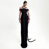 Elegant Graceful Off Neck Braid Pleated High Waist Figure Flattering Sheath