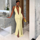 Backless Halter Deep V Plunge neck Solid Color Split