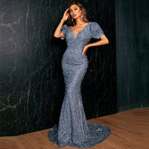 Elegant Wedding V neck Short Sleeve Sequined Fishtail Cocktail Small Mop Split Evening