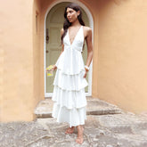 Tiered Dress Deep V Plunge Neck Backless Lace Up Dress