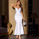 Prom Evening Dress Backless Sequined White Dress