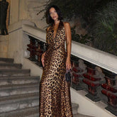 V neck Halter Bare Back Leopard Print Dress Slim Elegant Dress