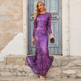 Sequined Dress Purple Crew-Neck Long Evening Dress Long Sleeve Dress