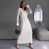 Long Sleeve V neck Tight Knitted Dress Solid Color Rib Fabric Wool Long Dress