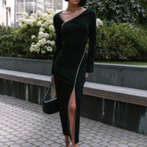 Early Shoulder Design Zipper Slit Black Hip Bag Dress