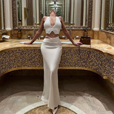 Halter Backless Deep V Plunge Top Sheath Dress Slim Fit Elegant Lady Suit