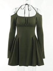 Green Cold Shoulder Dress With Fairycore Vibes S / Long Sleeve Skater Dress