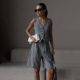 V-Neck Buttoned Vest Straight-Leg Shorts Suit