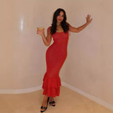 Hollow Out Cutout out Camisole Bohemian Beach Wooden Ear Knitted Sling Tiered Ruffle Maxi