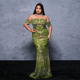 Plus Size Long Off Neck Cocktail Sequined Evening Dress Dress