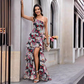 Diagonal Collar Tiered Dress Floral Print High Slit Maxi Dress Elegant Dress