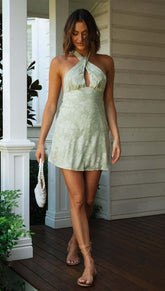 Embroidery Positioning Floral Backless Halter Knotted Short Dress