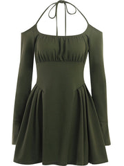 Green Cold Shoulder Dress With Fairycore Vibes M / Black Long Sleeve Skater Dress