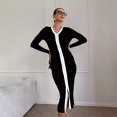 Long Sleeve V neck Stitching Contrast Color Knitted Dress Slim Slimming Tight