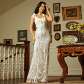 Sleeveless Elegant Long Sequined off Neck Backless Evening Dress Bridesmaid Dress Sequin Tie