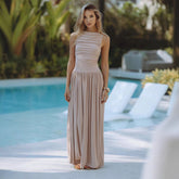 Trend Sleeveless Pleated Slim Fit Waist Controlled Dress Solid Color