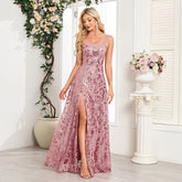 Quality Evening Dress A line Sequined Floral Tulle Embroidery Guest Dress Side Slit Long Party Wear