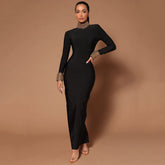Diamond Bead Long Sleeve Bandage Dress Backless Party Cocktail Dress