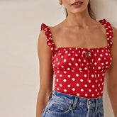 Polka Dot Square Neck Tie Sleeveless Frill Strap Smocked Fitted Sexy Crop Top RED / S croptop-250126