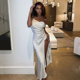 Polka Dot Brace Swing Collar Dress Sleeveless Backless Slit Maxi Dress