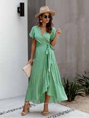 V-Neck Coastal Vacation Dot Polka Short-Sleeved Warm-Season Ruffle For Gown Women L / Yellow Dresses