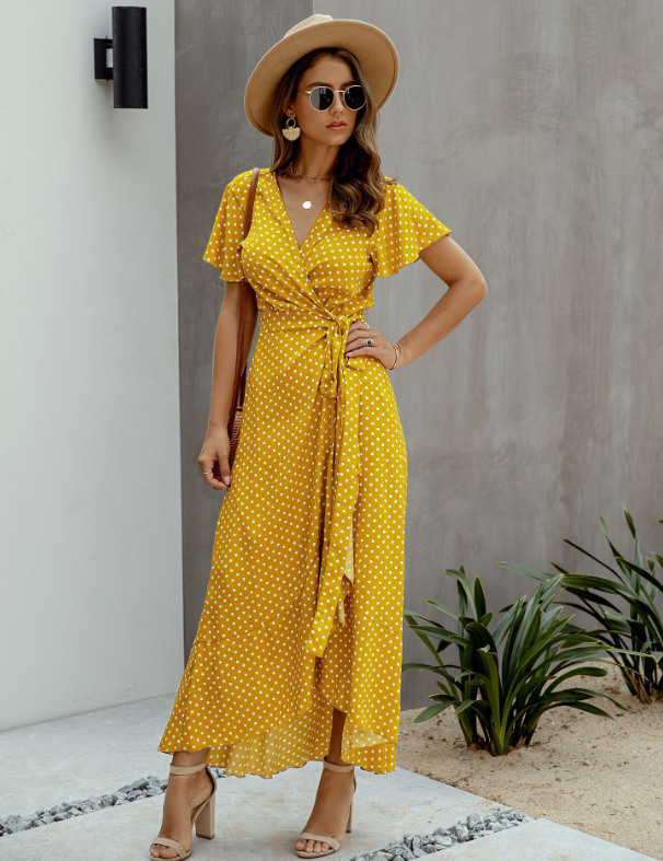 V-Neck Coastal Vacation Dot Polka Short-Sleeved Warm-Season Ruffle For Gown Women Xxl / Black
