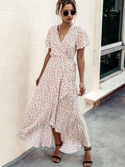 Pink Polka Dot V-Neck Ruffle Short-Sleeved Beach Vacation Summer Dress L / Pink Dresses