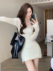 Y2K Sexy Gown Korea Mini Slim Brief Fashion Elegant Long Arm Lace Party Knitted Women Vintage