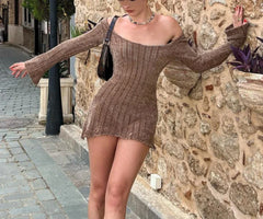 Sexy Autumn Long Sleeve Dresses Vintage Brown Y2k Mini Dress Women's Clothing Sale Outfit Solid Bodycon Short Streetwear Clothes