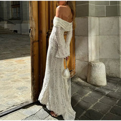 Sexy Hollow Out Lace Maxi Dress Female Backless See-Through Slim Lace-Up Bandeau Dress Women's White Luxury Long Dress New