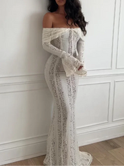 Sexy Hollow Out Lace Maxi Dress Female Backless See-Through Slim Lace-Up Bandeau Dress Women's White Luxury Long Dress New