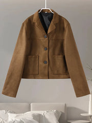 Retro Suede Female Blazer Jacket Chic Lapel Single Breasted Long Sleeve Lady Short Coat Autumn Winter Pockets Lady Outwear