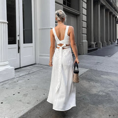 Summer White Elegant Midi Dress Women 2024 New Chic Sleeveless Waist Hollow Out Long Dresses Streetwear Fashion Lace-up Vestidos