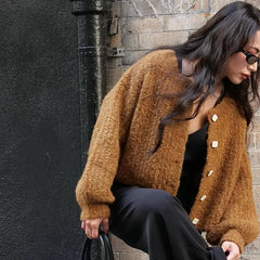 Solid Color Simple Knitted Women's Cardigan Casual Loose Round Neck Single Breasted Sweater Fashion Retro Tops Short Sweaters