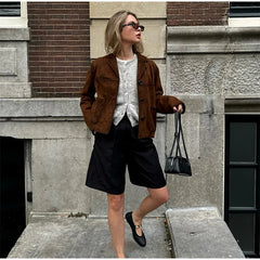 Retro Suede Female Blazer Jacket Chic Lapel Single Breasted Long Sleeve Lady Short Coat Autumn Winter Pockets Lady Outwear